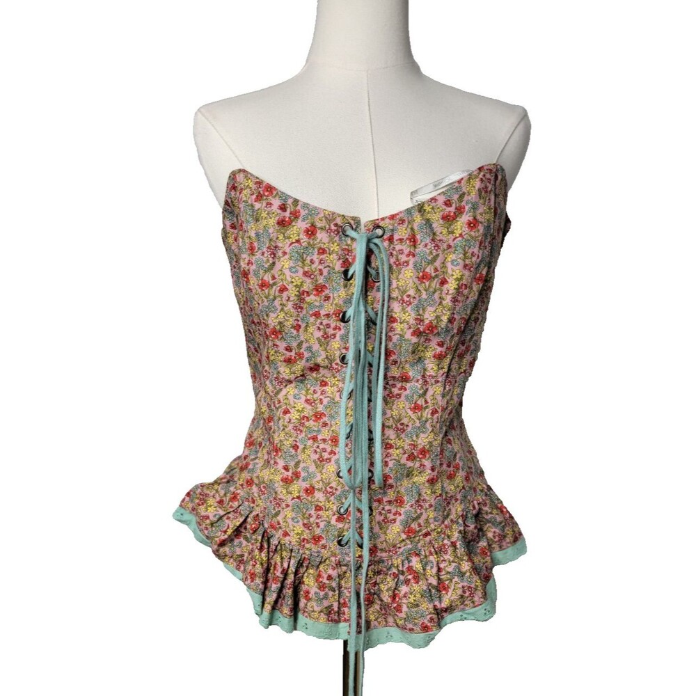 Vtg Betsey Johnson Ditsy Floral Corset Top Lace Up Peplum Y2K Coquette Size 10